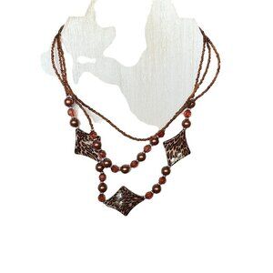 Brown Multi-Strand Beaded Necklace with Animal Print Accents